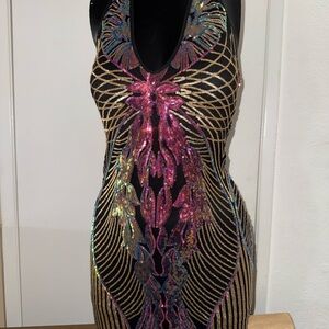 Fashion Nova Black and Gold Bodycon Dress Plunge Neckline